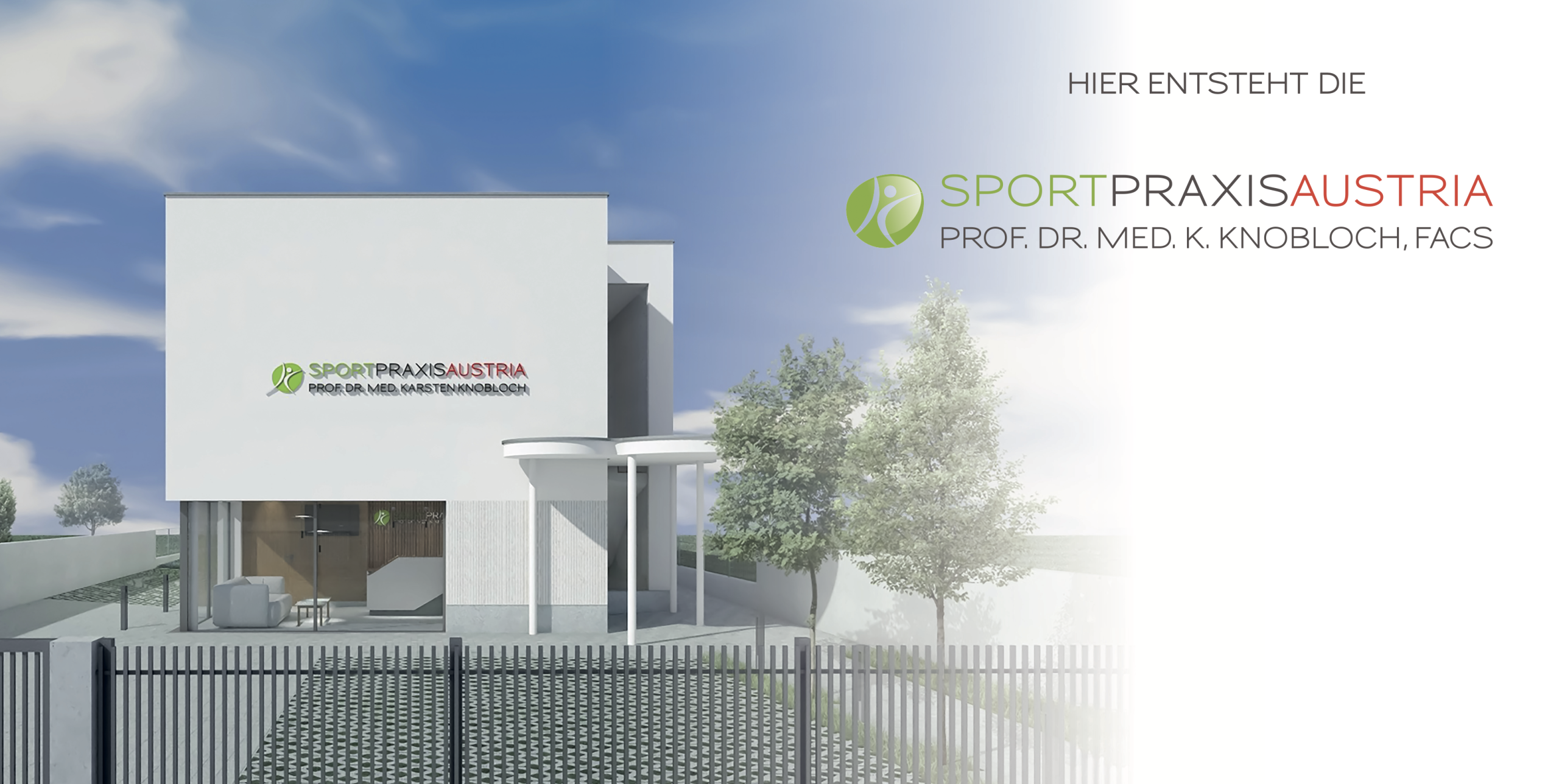 Außenansicht der Sportpraxis Austria in Perchtoldsdorf – moderne orthopädische Praxis von Prof. Dr. Knoblauch mit Fokus auf Sportmedizin, nachhaltiger Infrastruktur und innovativer Diagnostik für aktive Patientinnen und Patienten.